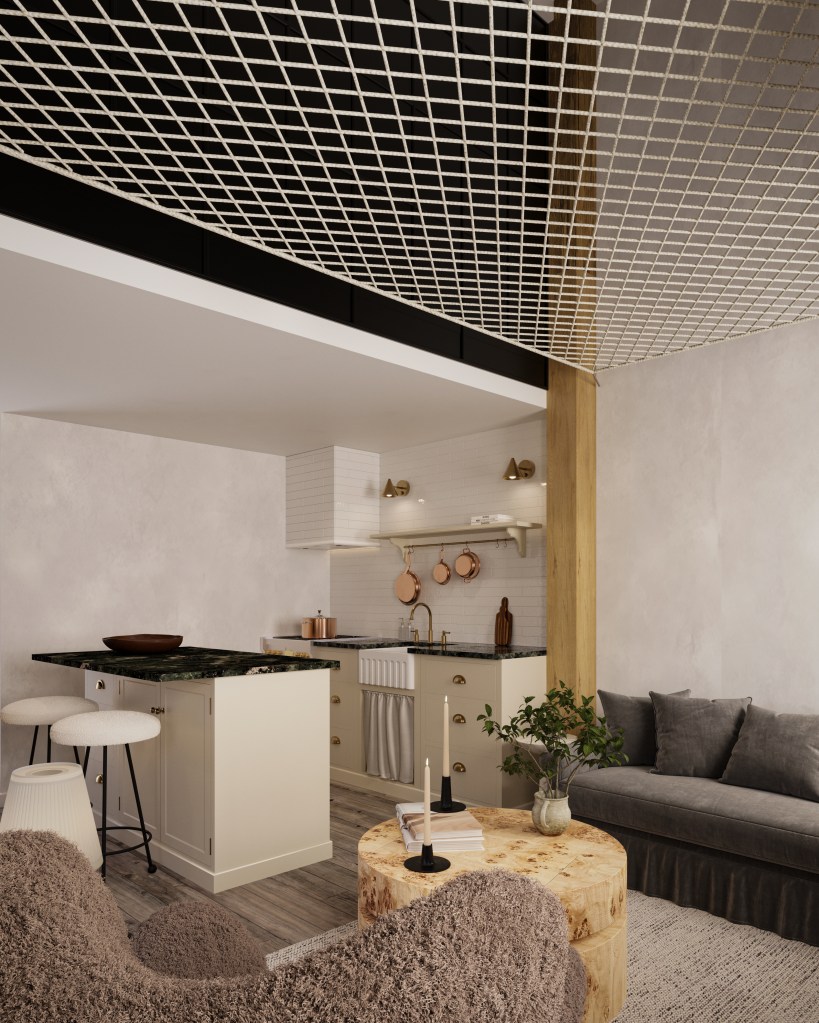 Bespoke Pull-Down Bed: Hidden by day, a queen-size bed descends over a sculptural rope daybed, marrying flexibility with charm.
