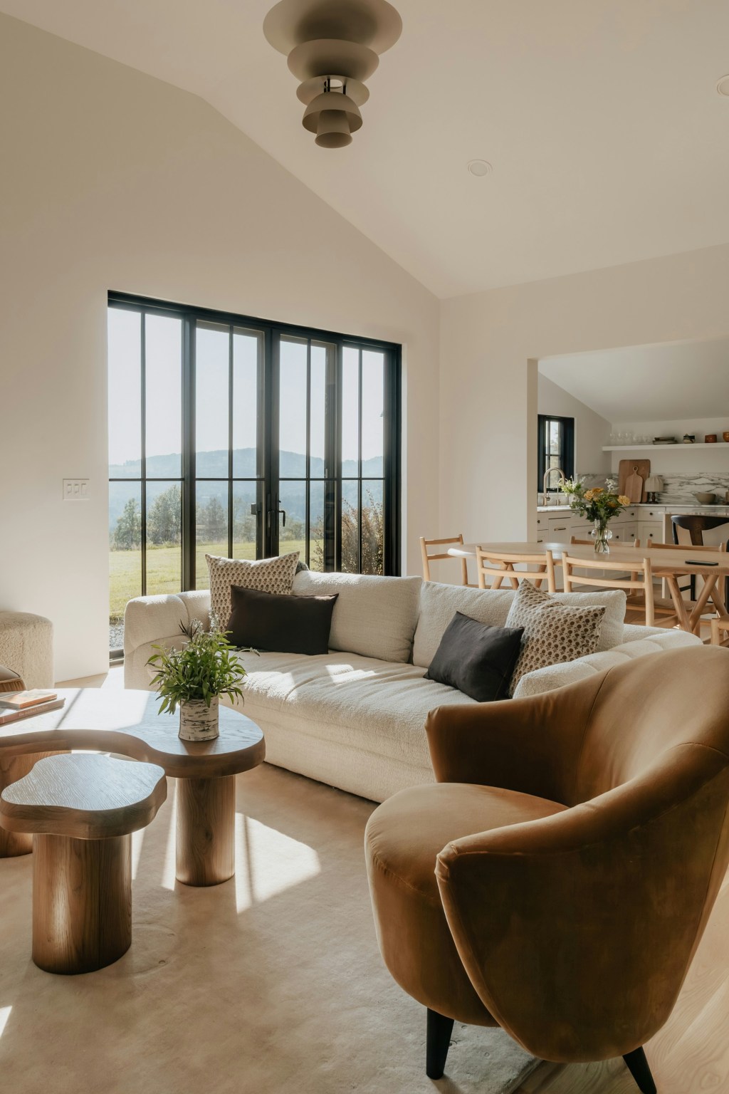 Wide-angle, sterile photograph of a large, modern open-plan living space. The camera is positioned high, overlooking the kitchen island, dining table, and sofa area simultaneously, emphasizing the continuous, unbroken line of sight and the lack of any secluded corner.