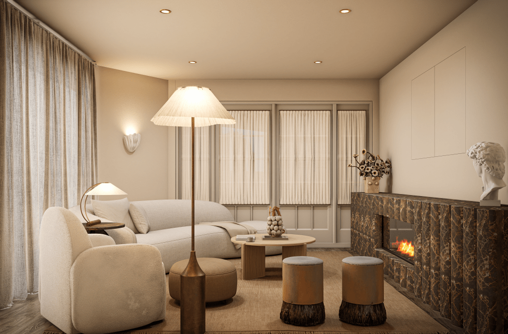 “Modern English cottage living room with boucle armchair, curved sofa, and neutral drapery — designed by Galatea Studio for a young professional couple.”
