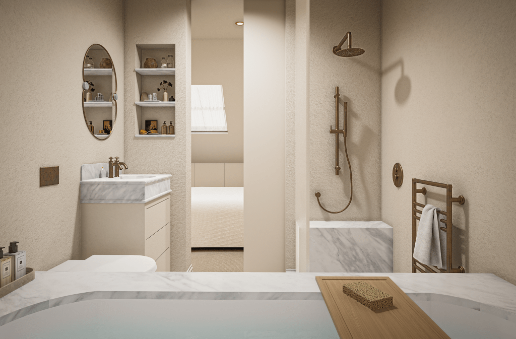 “Elegant attic bathroom with marble vanity and bath, featuring curved mirror and warm neutral palette — bespoke cottage renovation by Galatea Studio.”
