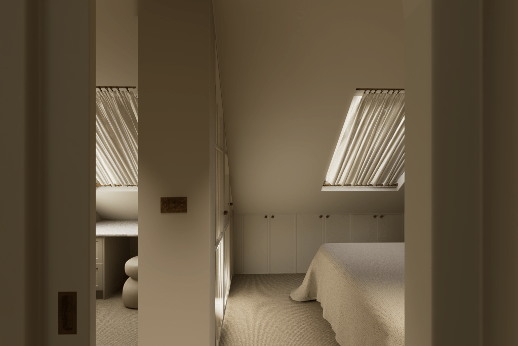 A minimalist cottage stairway in Saddleworth featuring a neutral loop-pile runner, white spindle balustrades, and a window with linen cafe curtains.