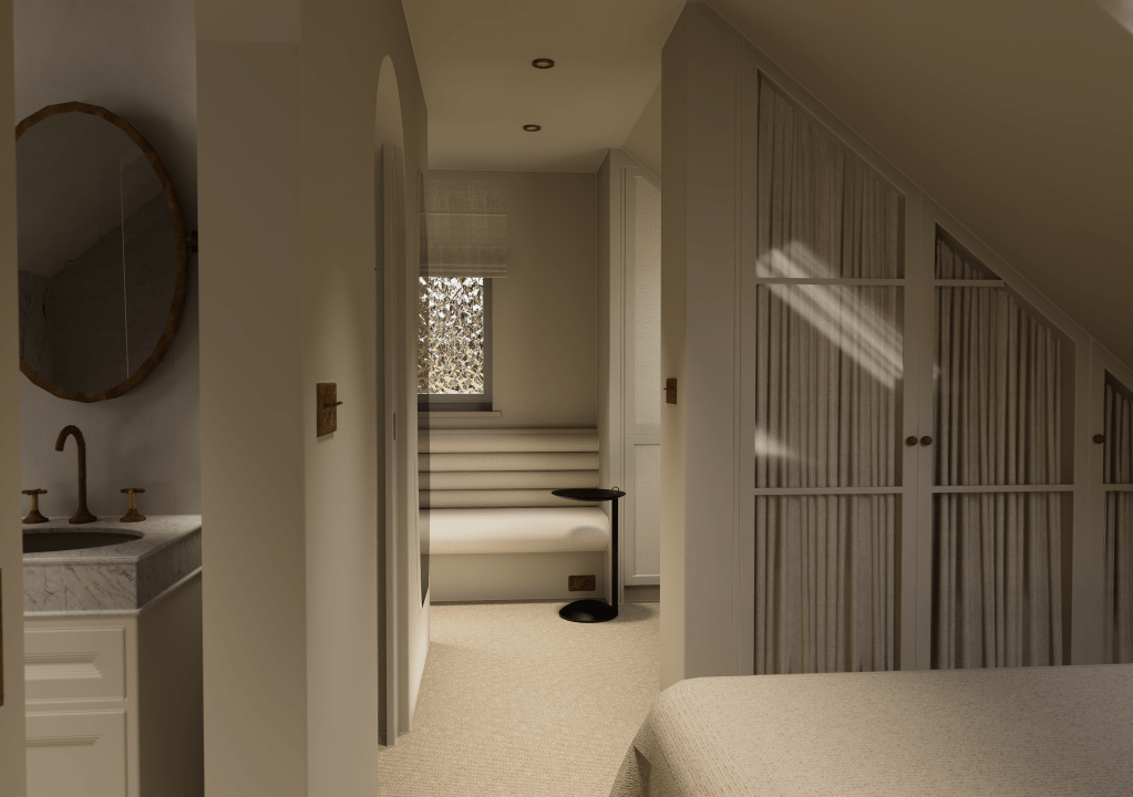 A luxury minimalist walk-in wardrobe in a Saddleworth cottage featuring bespoke cabinetry, a central island, and a soft-arched entrance.