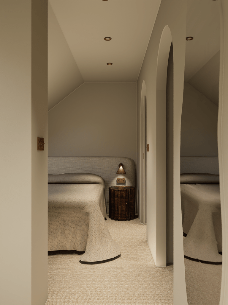 A contemporary master bedroom in a Saddleworth cottage featuring layered linen bedding in neutral tones and a view through a soft-arched doorway.