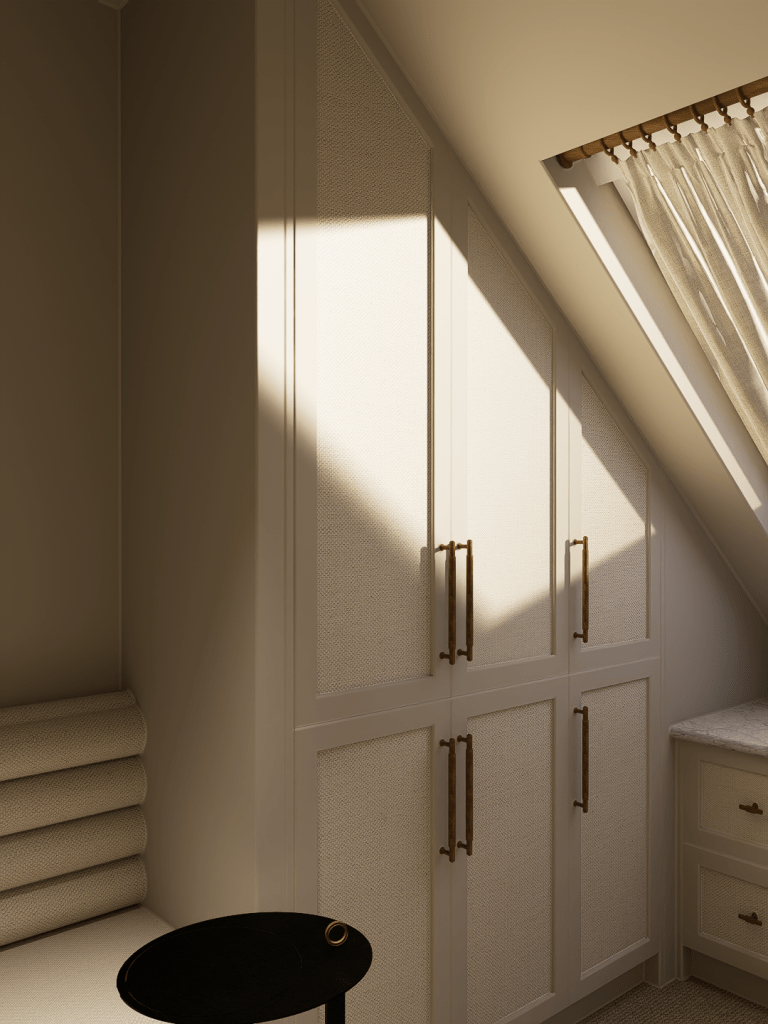 A cottage window in Saddleworth dressed with white linen cafe curtains, showing a minimalist radiator and neutral wall textures.